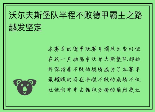 沃尔夫斯堡队半程不败德甲霸主之路越发坚定