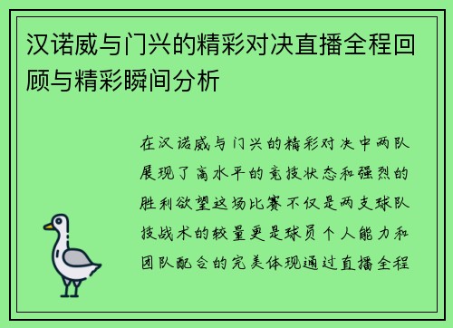 汉诺威与门兴的精彩对决直播全程回顾与精彩瞬间分析
