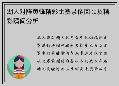 湖人对阵黄蜂精彩比赛录像回顾及精彩瞬间分析